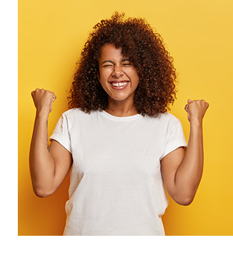 excited woman on yellow background